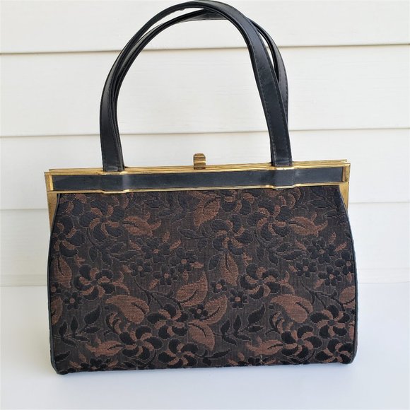 Vintage 50s/60s Brown Floral Tapestry Leather Top Handle Handbag - Picture 1 of 11